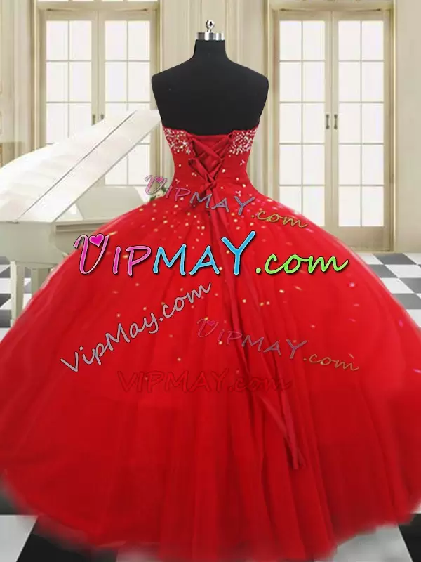 Pretty Red Strapless Lace Up Beading 15th Birthday Dress Sleeveless