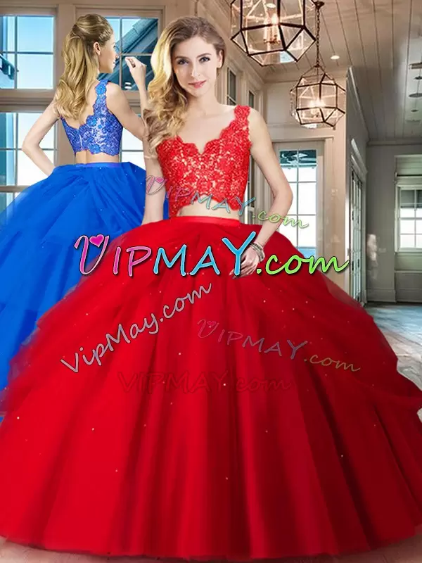 Red V-neck Zipper Lace and Ruffled Layers Quinceanera Dresses Sleeveless