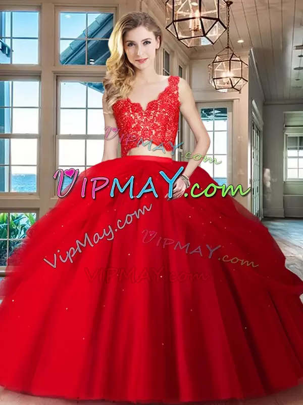 Red V-neck Zipper Lace and Ruffled Layers Quinceanera Dresses Sleeveless