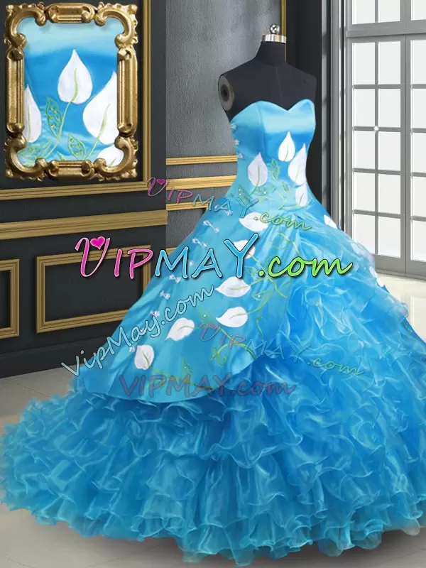Clearance Baby Blue Organza and Taffeta Lace Up Quinceanera Gown Sleeveless With Brush Train Embroidery and Ruffled Layers