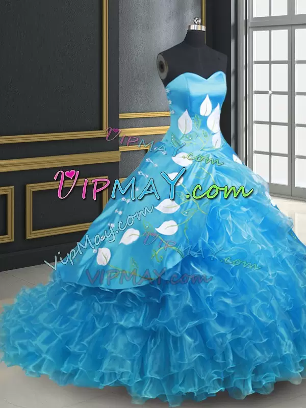Clearance Baby Blue Organza and Taffeta Lace Up Quinceanera Gown Sleeveless With Brush Train Embroidery and Ruffled Layers