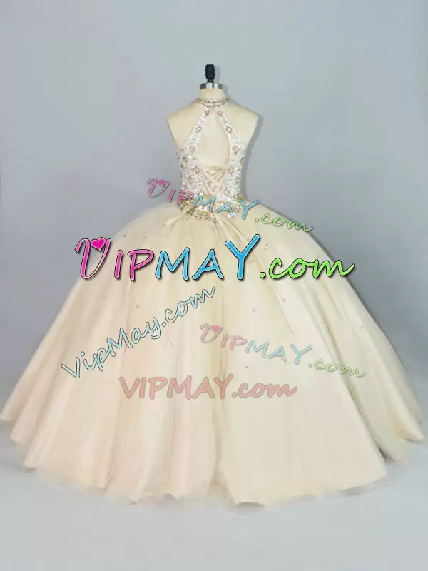 cut out back quinceanera dress,15th birthday dress,tulle skirt quinceanera dress,quinceanera dress with halter neckline,halter high neck quinceanera dress with bling,champagne colored quinceanera dress,