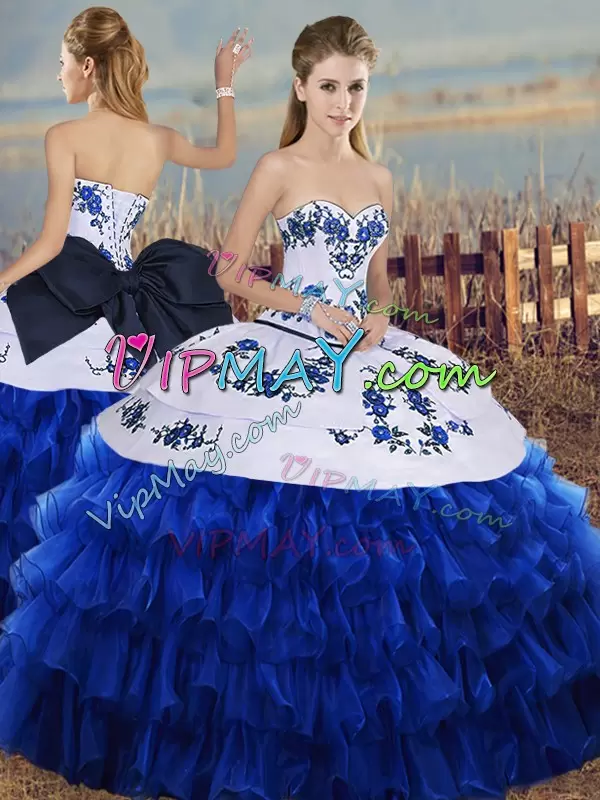 Traditional Sweetheart Sleeveless Lace Up Ball Gown Prom Dress Royal Blue Organza Embroidery and Ruffled Layers and Bowknot