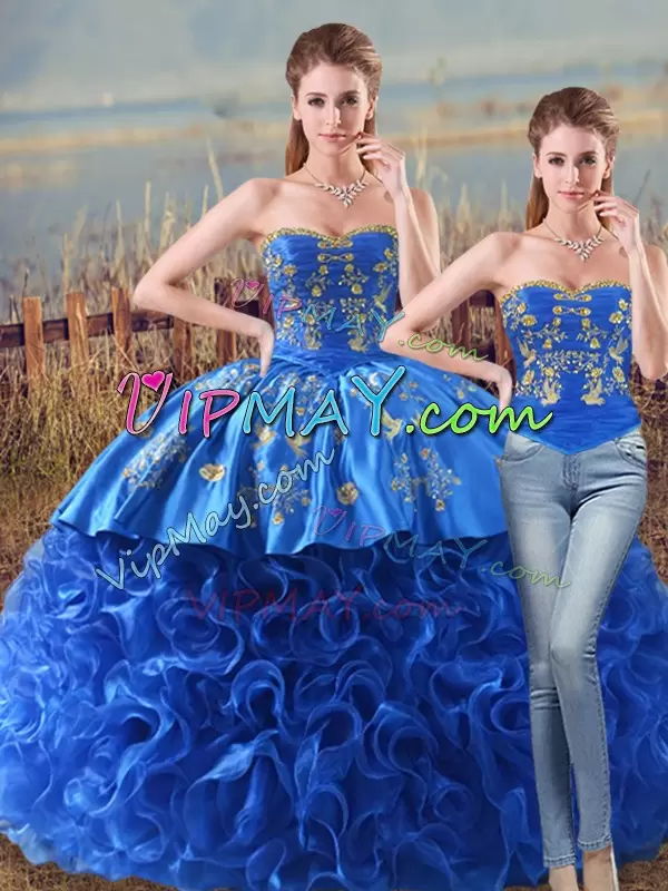 Sweetheart Sleeveless Brush Train Lace Up Sweet 16 Quinceanera Dress Royal Blue Fabric With Rolling Flowers Embroidery and Ruffles