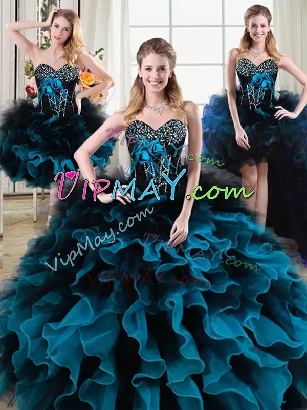 Shining Black and Blue Organza and Tulle Lace Up Sweetheart Sleeveless Floor Length 15th Birthday Dress Beading and Ruffles and Hand Made Flower