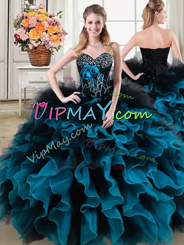 Shining Black and Blue Organza and Tulle Lace Up Sweetheart Sleeveless Floor Length 15th Birthday Dress Beading and Ruffles and Hand Made Flower