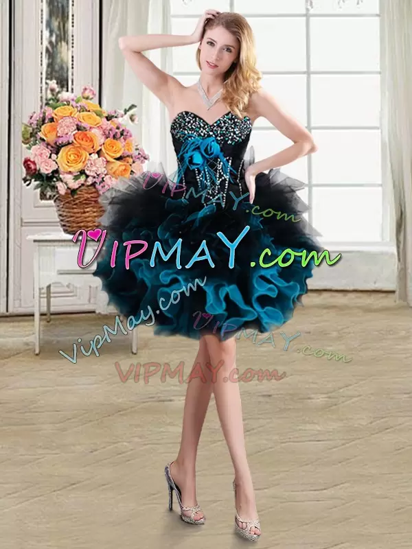 Shining Black and Blue Organza and Tulle Lace Up Sweetheart Sleeveless Floor Length 15th Birthday Dress Beading and Ruffles and Hand Made Flower