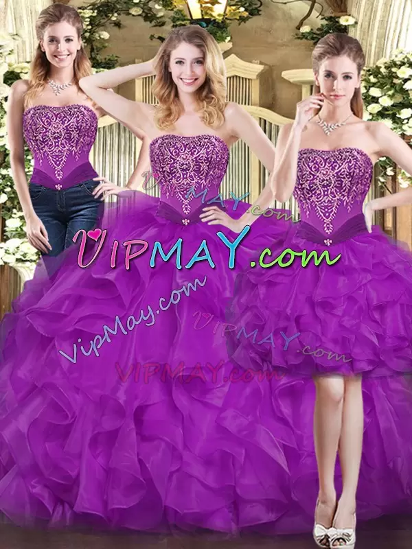 Purple Lace Up Quinceanera Gowns Beading and Ruffles Sleeveless Floor Length