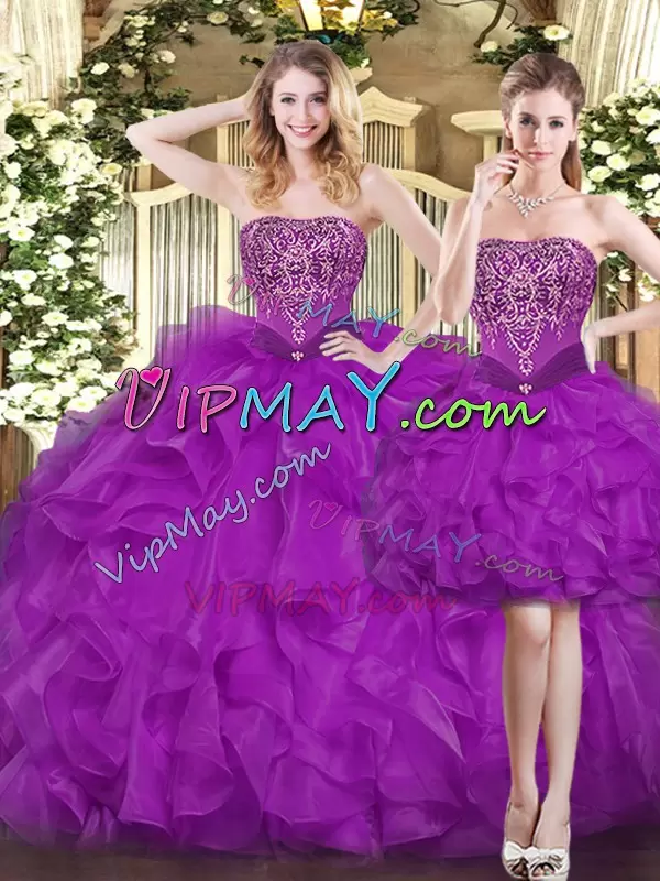 Purple Lace Up Quinceanera Gowns Beading and Ruffles Sleeveless Floor Length