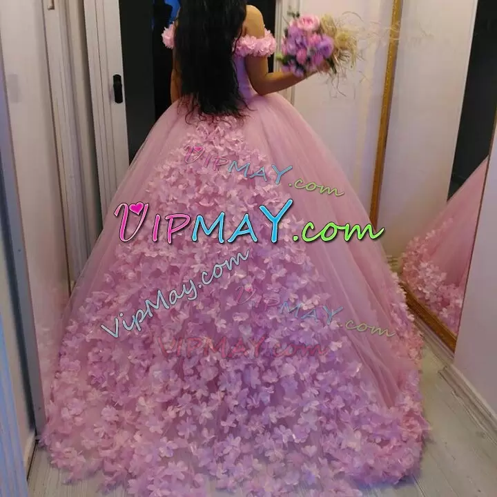 Sleeveless Off The Shoulder Court Train Hand Made Flower Lace Up Quince Ball Gowns