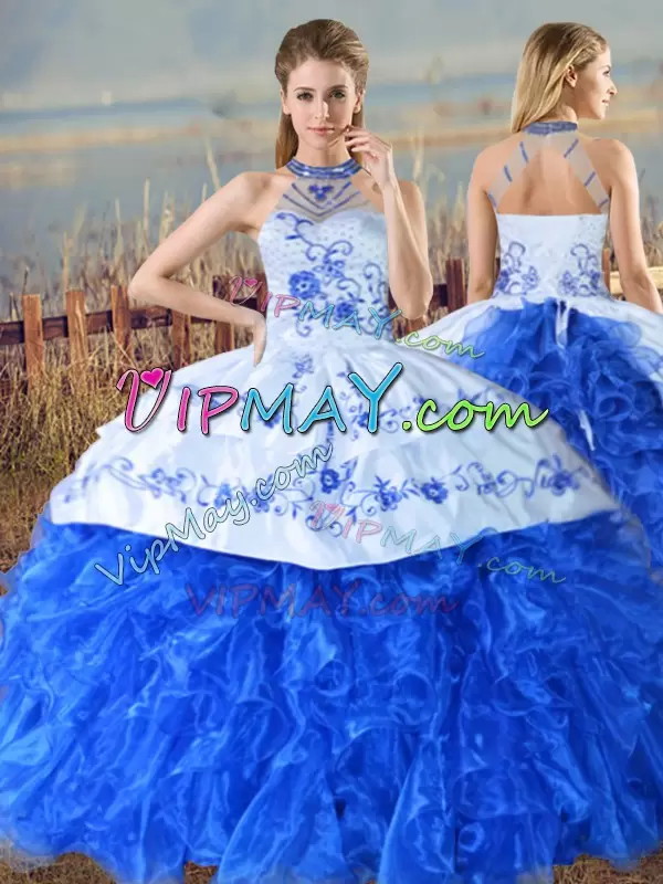 Top Selling Blue And White Organza Lace Up Halter Top Sleeveless Quinceanera Dress Court Train Embroidery and Ruffles