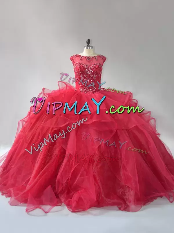 On Sale Wine Red Sleeveless Beading and Ruffles Lace Up Sweet 16 Dress Scoop