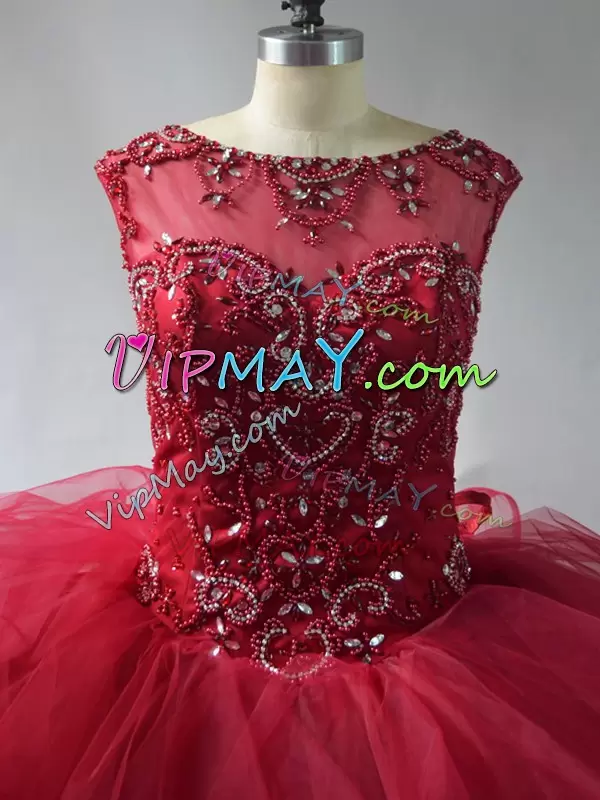 On Sale Wine Red Sleeveless Beading and Ruffles Lace Up Sweet 16 Dress Scoop