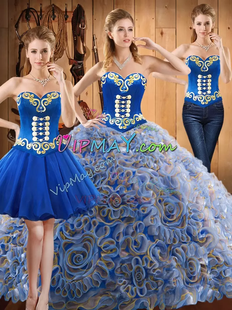 Sleeveless Satin and Fabric With Rolling Flowers With Train Sweep Train Lace Up Quinceanera Gowns in Multi-color with Embroidery