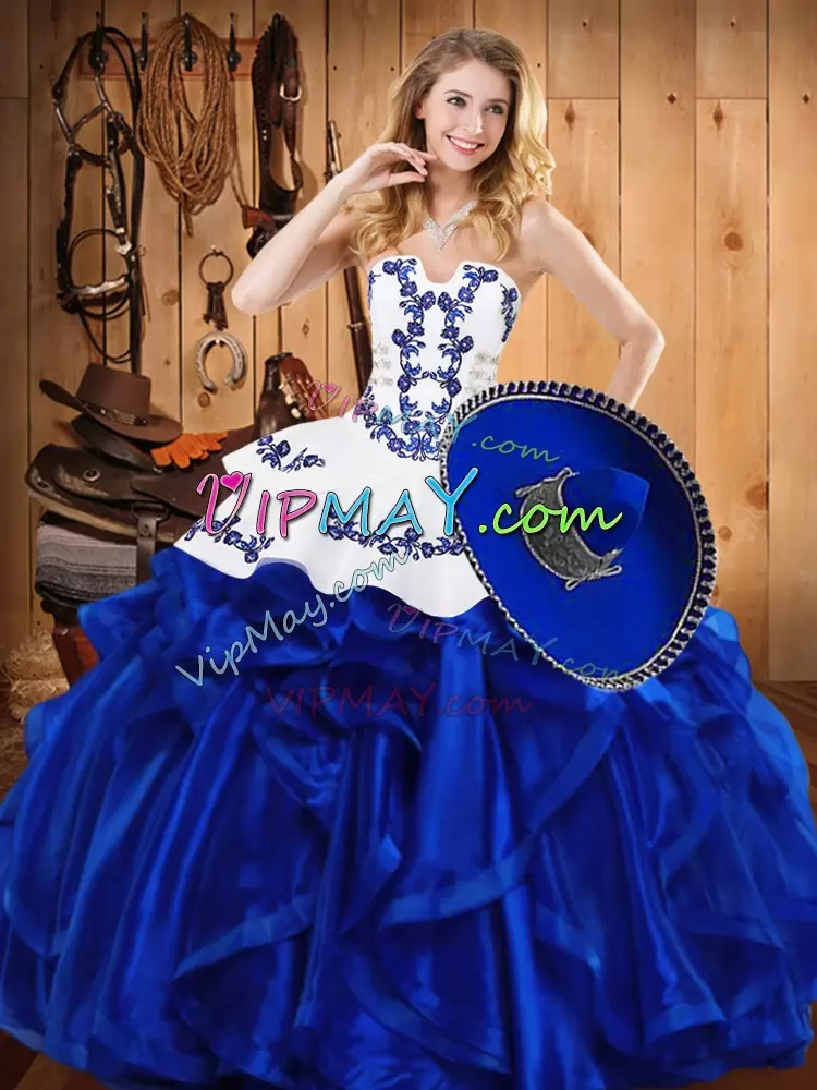 Best Blue Lace Up Strapless Embroidery and Ruffles Sweet 16 Quinceanera Dress Satin and Organza Sleeveless