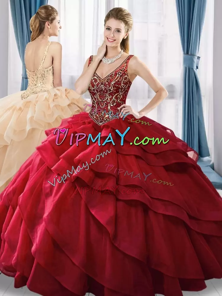 Gorgeous Organza V-neck Sleeveless Lace Up Beading and Ruffled Layers Quinceanera Dresses in Wine Red