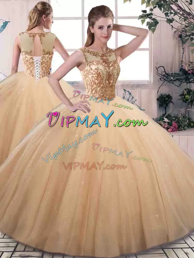 Custom Designed Scoop Sleeveless 15th Birthday Dress Floor Length Beading Gold Tulle