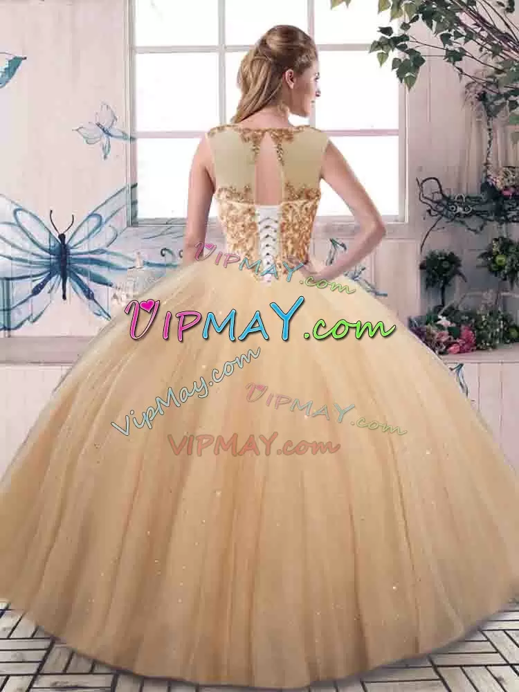 Custom Designed Scoop Sleeveless 15th Birthday Dress Floor Length Beading Gold Tulle