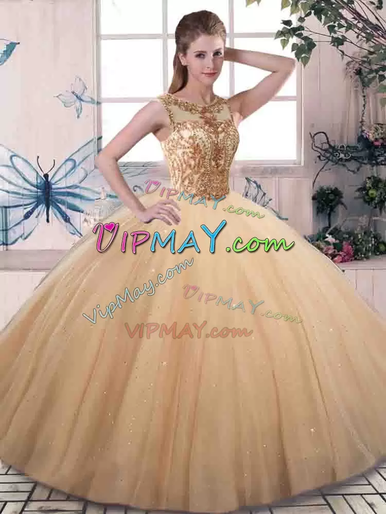 Custom Designed Scoop Sleeveless 15th Birthday Dress Floor Length Beading Gold Tulle