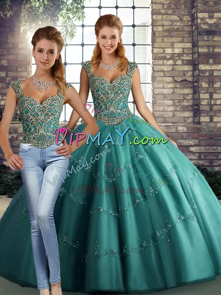 Beautiful Teal Sleeveless Beading and Appliques Floor Length Quinceanera Gowns