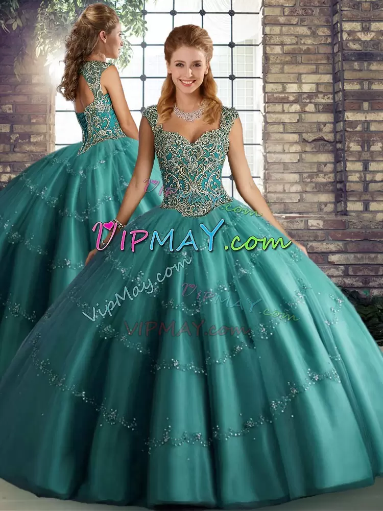 Beautiful Teal Sleeveless Beading and Appliques Floor Length Quinceanera Gowns