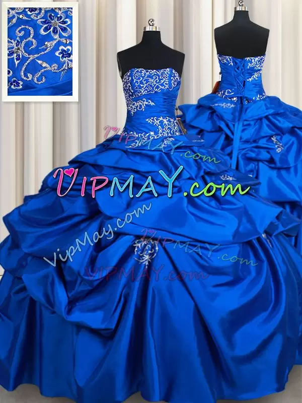 Royal Blue Sleeveless Floor Length Beading and Pick Ups Lace Up 15th Birthday Dress Strapless