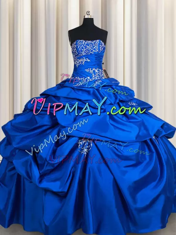 Royal Blue Sleeveless Floor Length Beading and Pick Ups Lace Up 15th Birthday Dress Strapless