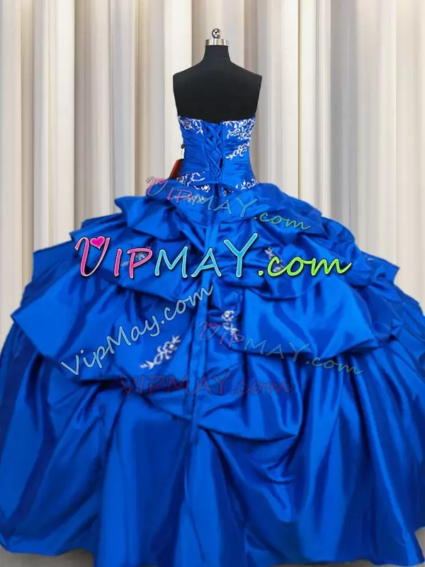 Royal Blue Sleeveless Floor Length Beading and Pick Ups Lace Up 15th Birthday Dress Strapless