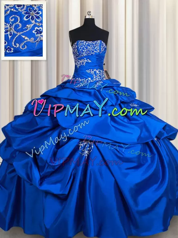 Royal Blue Sleeveless Floor Length Beading and Pick Ups Lace Up 15th Birthday Dress Strapless