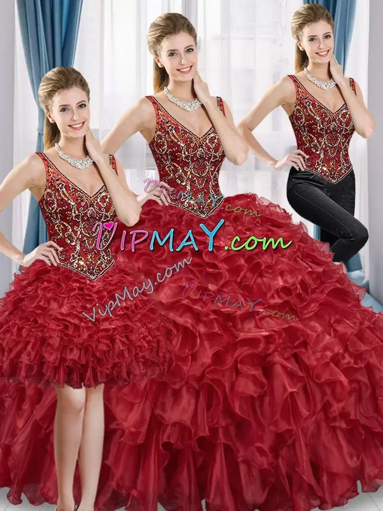 Attractive Red Quinceanera Dresses Military Ball and Sweet 16 with Beading and Ruffles V-neck Sleeveless Lace Up