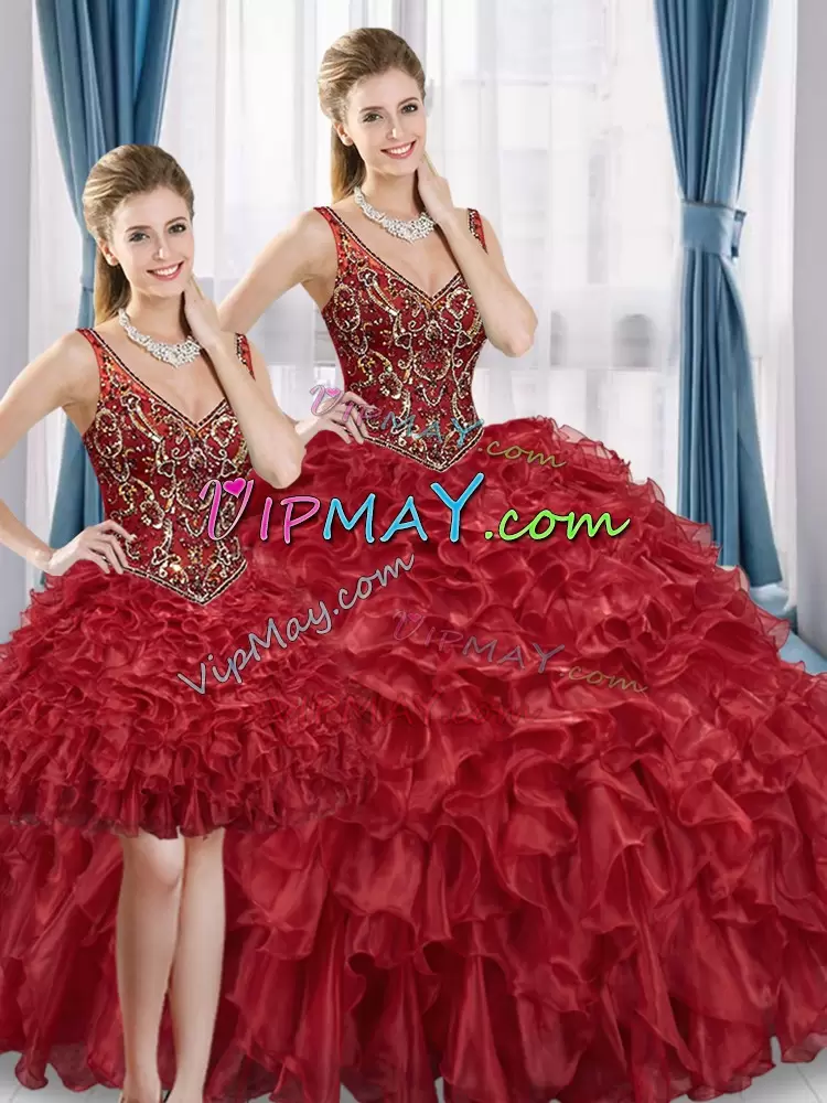 Attractive Red Quinceanera Dresses Military Ball and Sweet 16 with Beading and Ruffles V-neck Sleeveless Lace Up