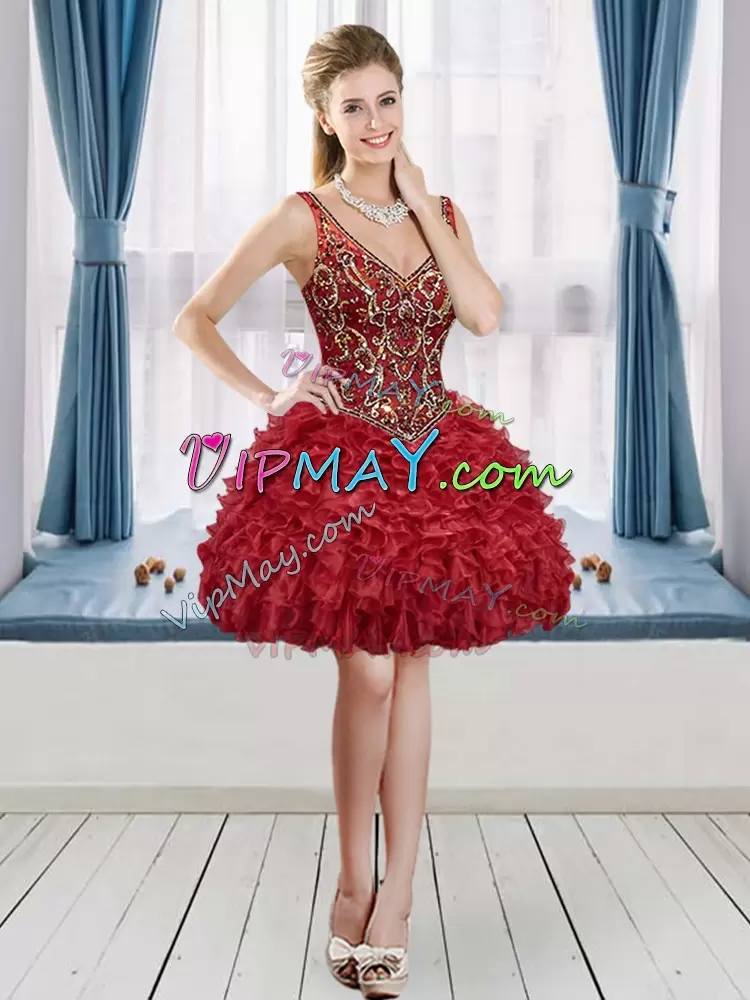 Attractive Red Quinceanera Dresses Military Ball and Sweet 16 with Beading and Ruffles V-neck Sleeveless Lace Up