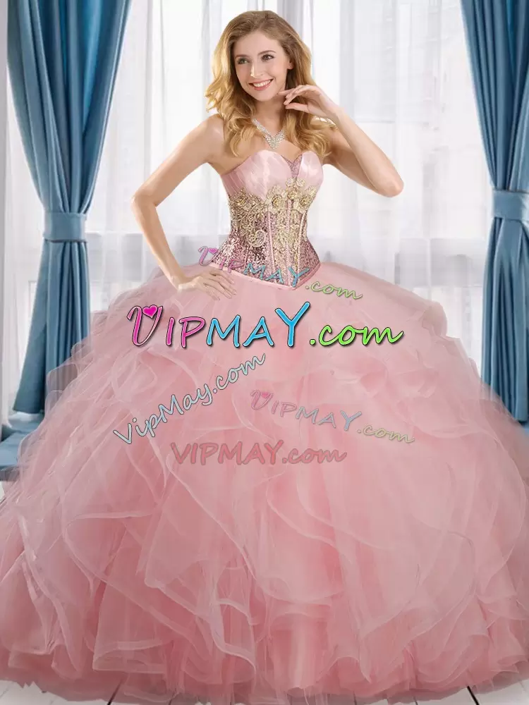 Clearance Pink Lace Up Sweetheart Beading and Ruffles Ball Gown Prom Dress Tulle Sleeveless