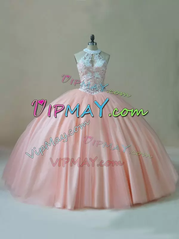 Beautiful Halter Top Illusion Neck Beading and Lace Quinceanera Gown Peach Color