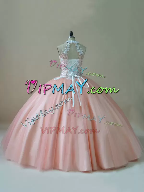 Beautiful Halter Top Illusion Neck Beading and Lace Quinceanera Gown Peach Color
