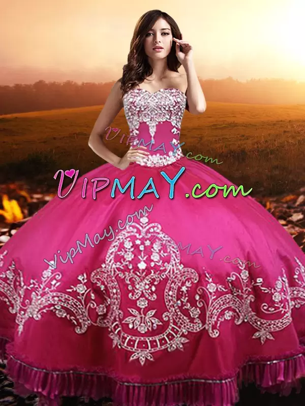 Pretty Beading and Embroidery 15th Birthday Dress Hot Pink Lace Up Sleeveless Floor Length