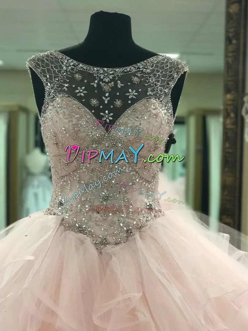 Latest Pink Sleeveless Floor Length Beading and Ruching Lace Up Sweet 16 Dresses Scoop