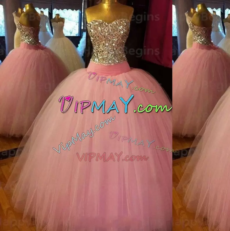 Artistic Pink Tulle Zipper Quinceanera Dresses Sleeveless Floor Length Beading