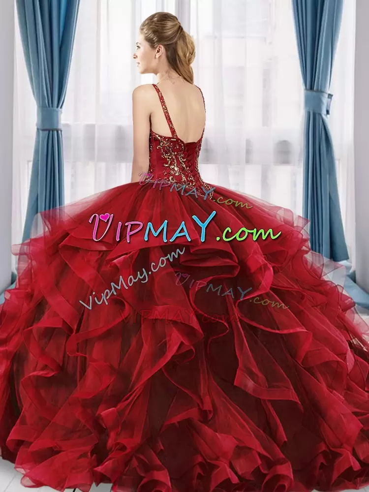 Spectacular Floor Length Red Ball Gown Prom Dress V-neck Sleeveless Lace Up