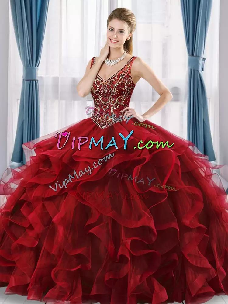 Spectacular Floor Length Red Ball Gown Prom Dress V-neck Sleeveless Lace Up