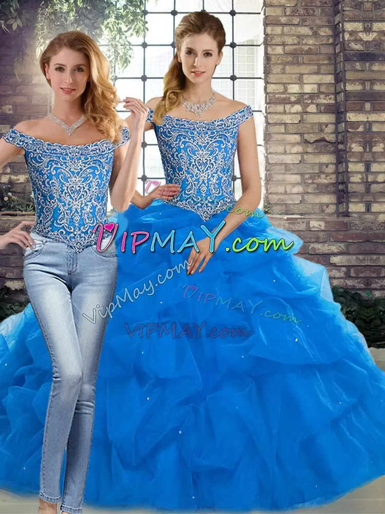 Vintage Sleeveless Off The Shoulder Brush Train Lace Up Beading and Pick Ups 15 Quinceanera Dress Off The Shoulder