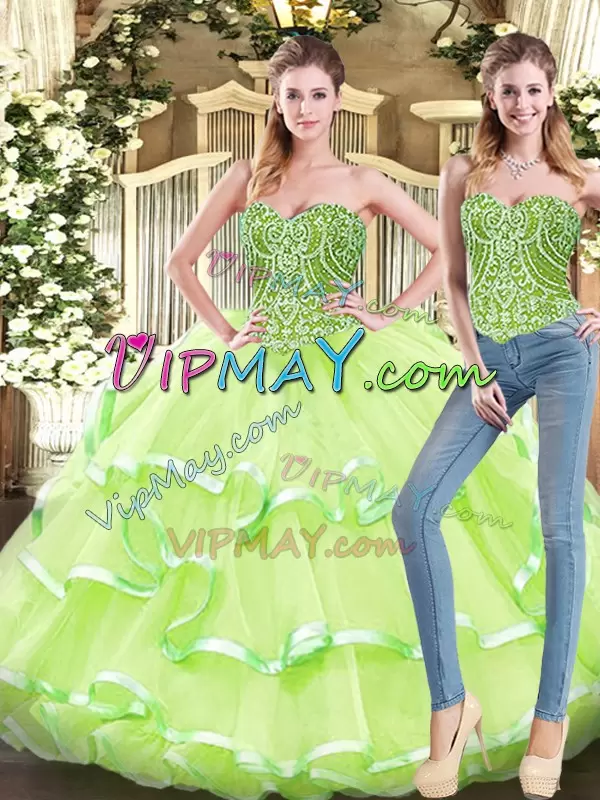 Best Selling Floor Length Two Pieces Sleeveless Yellow Green Quinceanera Dress Lace Up