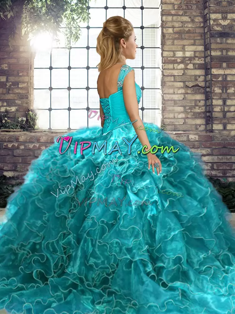 Organza Sleeveless Sweet 16 Dresses Brush Train and Beading and Ruffles