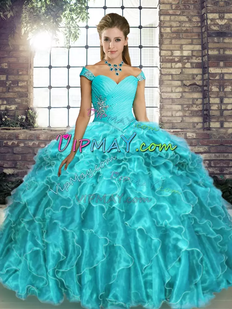 Organza Sleeveless Sweet 16 Dresses Brush Train and Beading and Ruffles