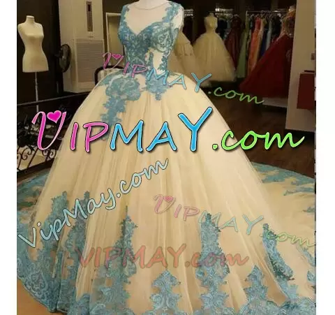 Best Brush Train Ball Gowns 15th Birthday Dress Champagne Scoop Tulle Sleeveless Lace Up