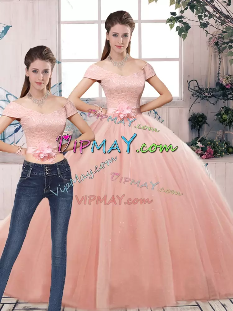 Low Price Pink Two Pieces Off The Shoulder Short Sleeves Tulle Floor Length Lace Up Lace and Hand Made Flower Sweet 16 Quinceanera Dress