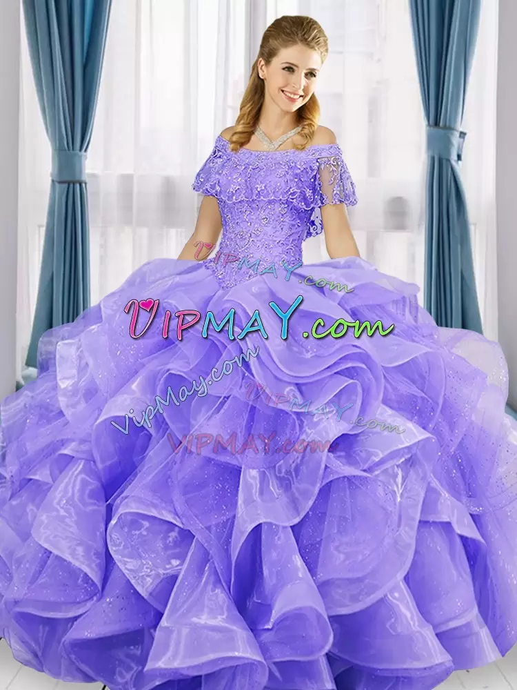 Lavender Ball Gowns Off The Shoulder Sleeveless Organza Floor Length Lace Up Beading and Ruffles Quinceanera Gown