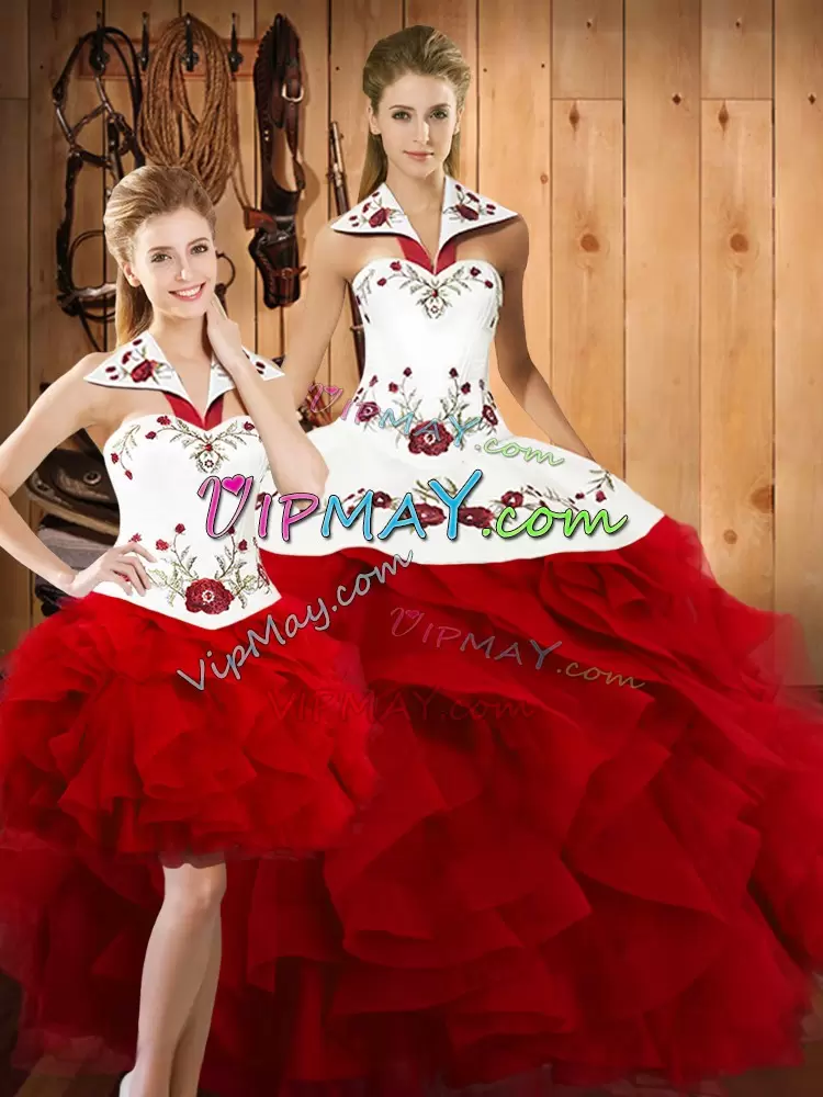 Lovely Wine Red Sleeveless Floor Length Embroidery and Ruffles Lace Up Sweet 16 Dress Halter Top