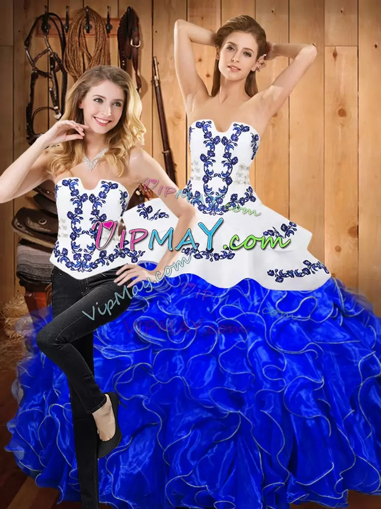 Pretty Blue And White Satin and Organza Lace Up Strapless Sleeveless Floor Length Vestidos de Quinceanera Embroidery and Ruffles