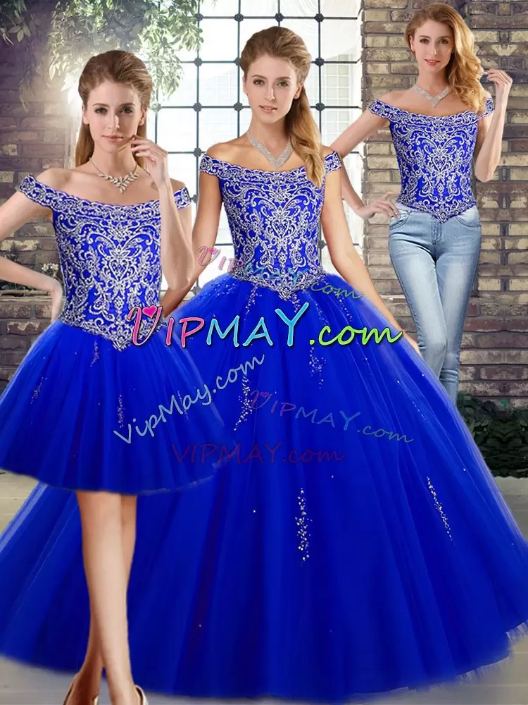 Graceful Royal Blue Tulle Lace Up Off The Shoulder Sleeveless Floor Length 15th Birthday Dress Beading